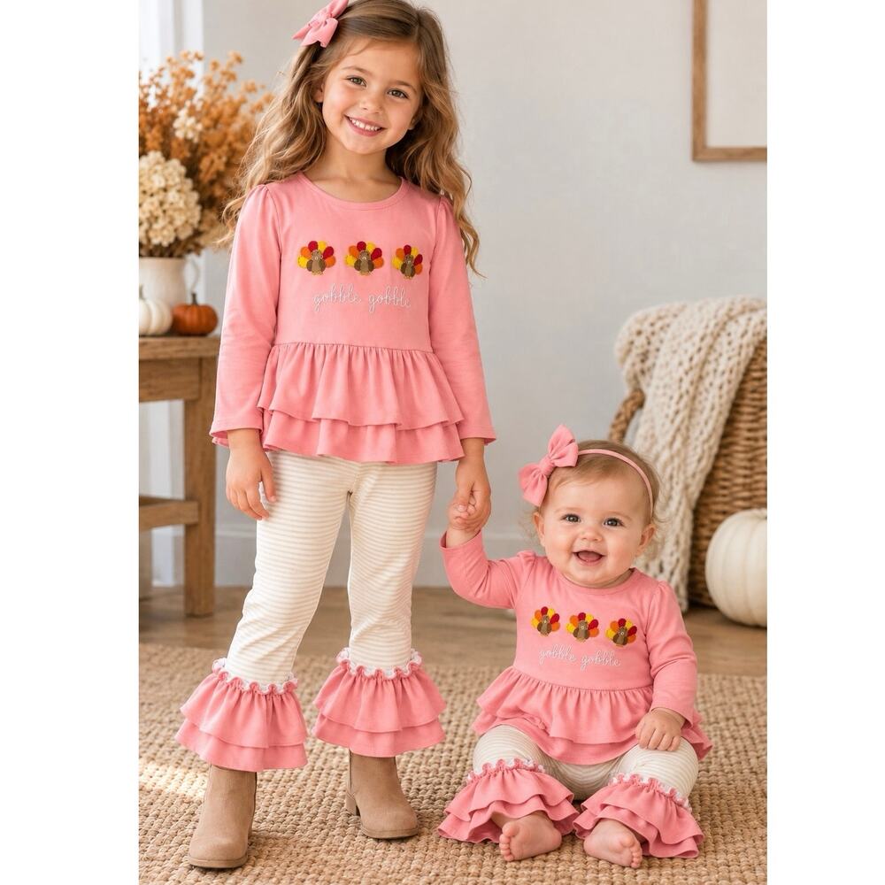 Saving Grace Smocks Sister Set Pink Gobble Gobble Turkey Thanksgiving Sz 5 & 9M